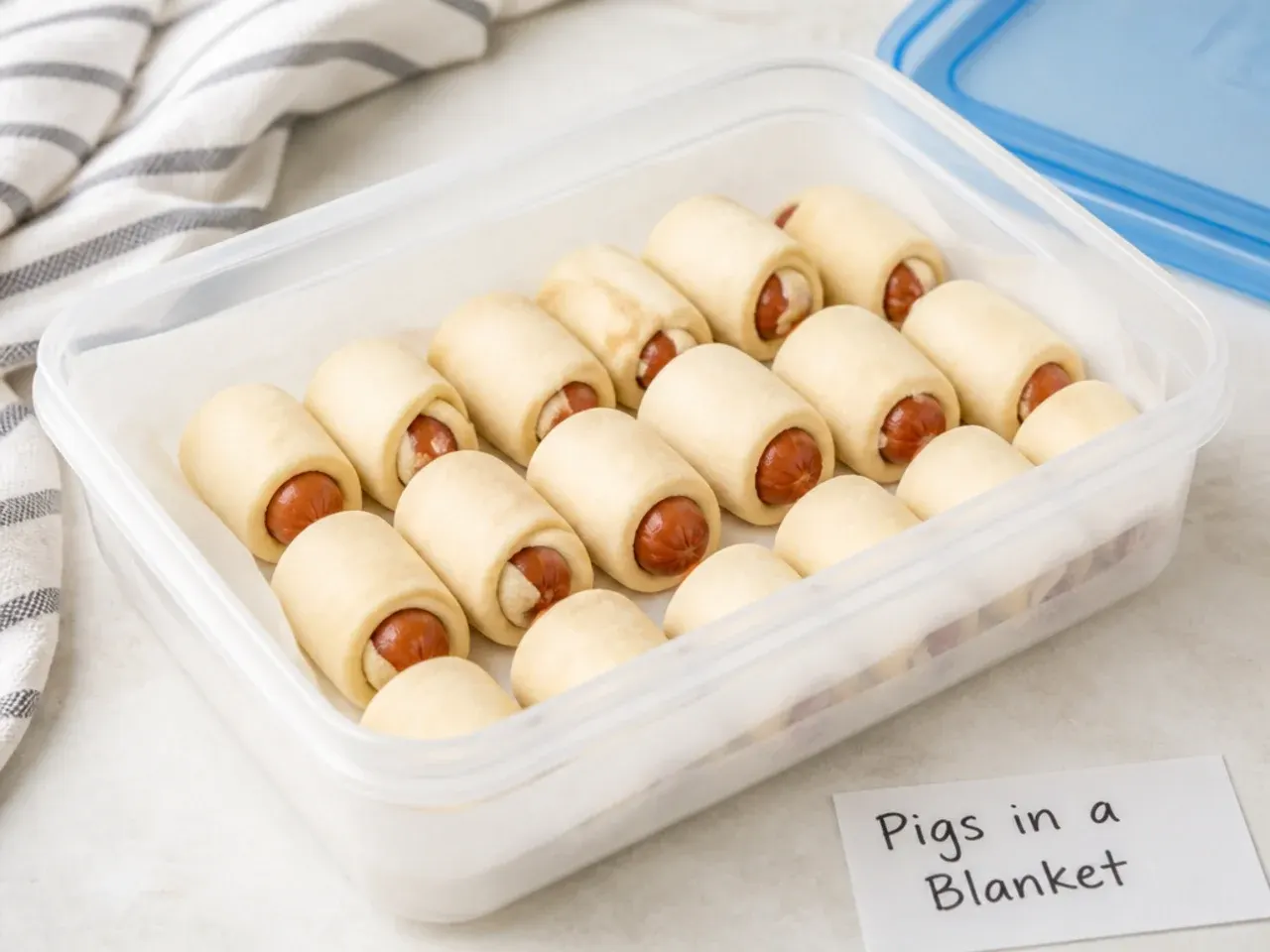 Make ahead pigs in a blanket stored in a freezer container before baking
