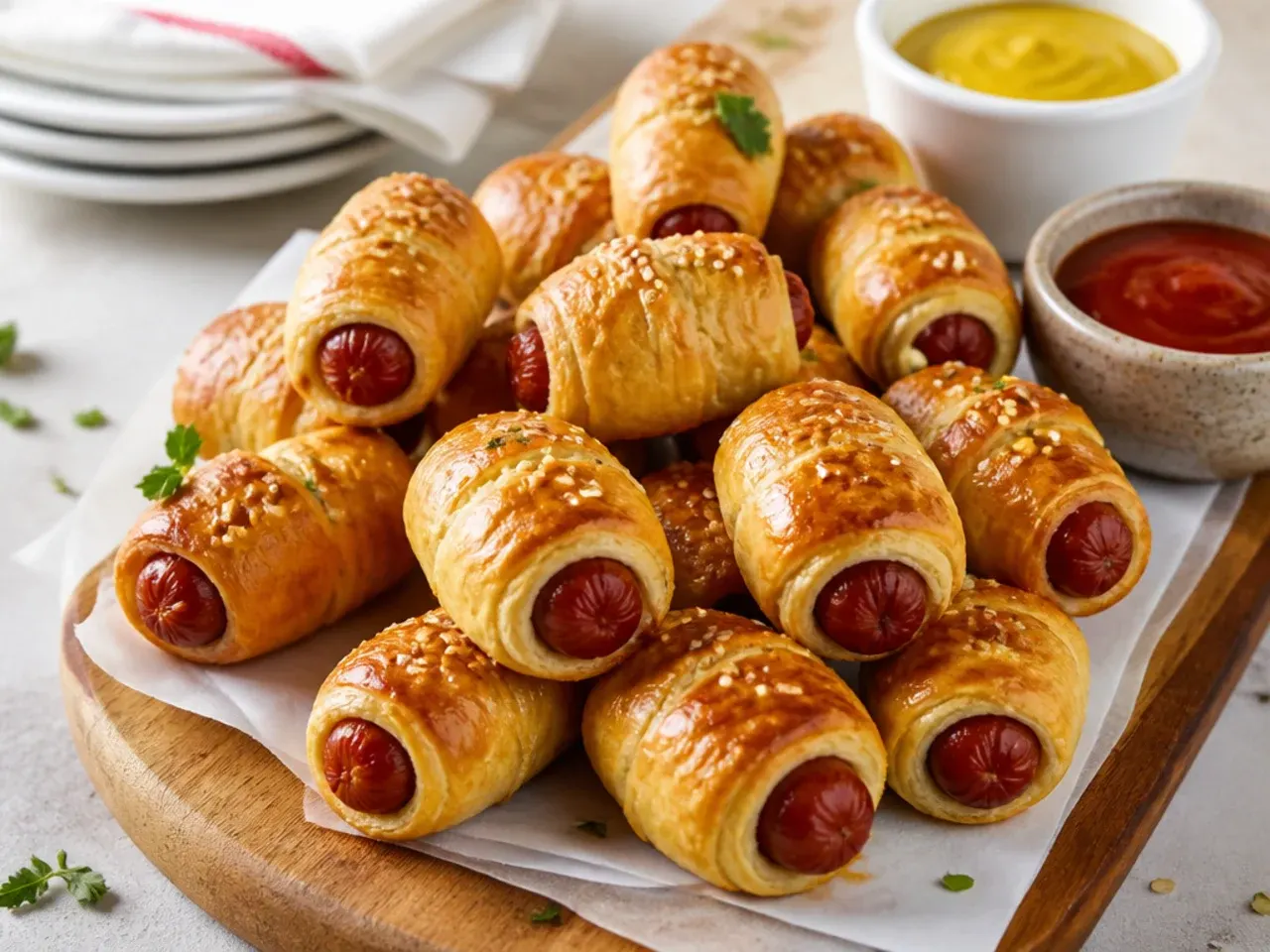 Golden pigs in a blanket party appetizers arranged on a serving board with dipping sauces