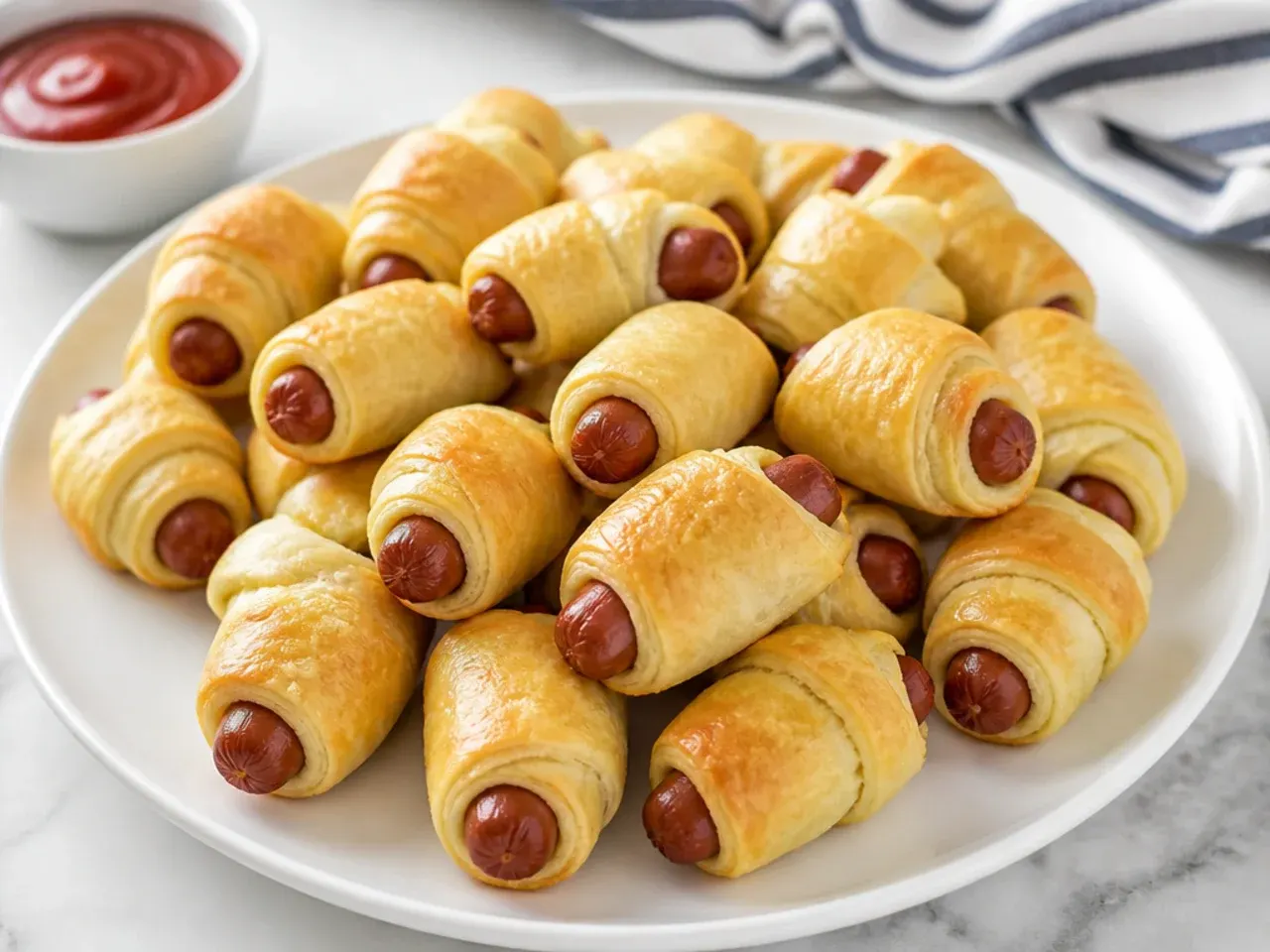 Classic crescent roll pigs in a blanket party bites on a white platter
