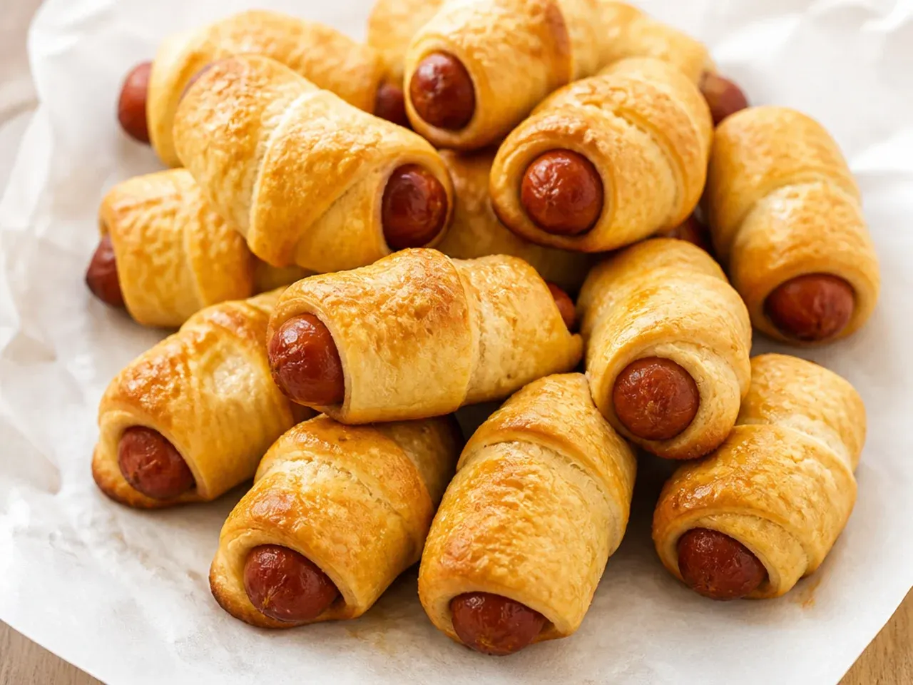 Easy two-ingredient pigs in a blanket party appetizer on parchment