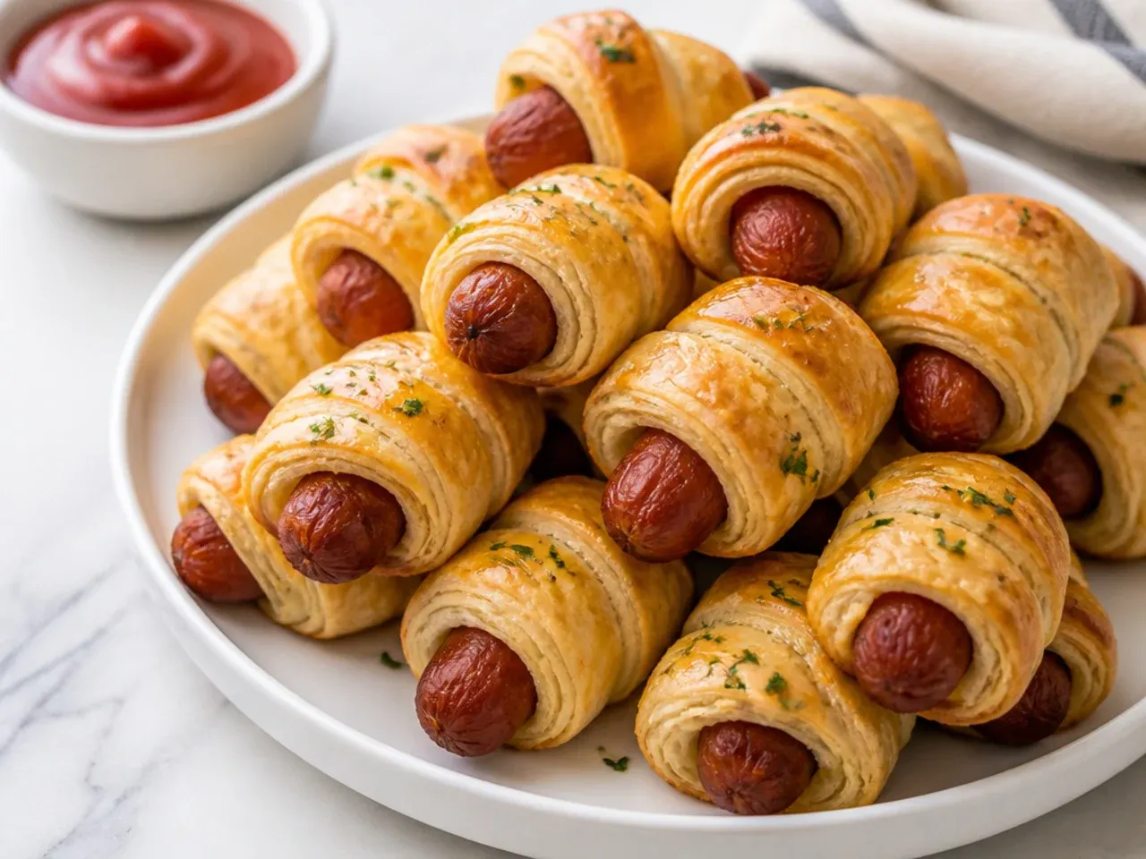 Elegant puff pastry pigs in a blanket party bites brushed with egg wash