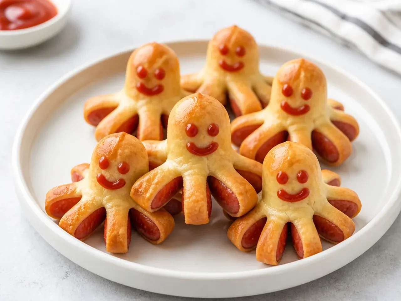 Playful octopus-shaped pigs in a blanket party snacks with ketchup faces