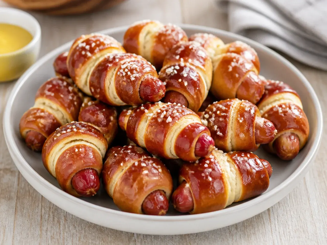 Rustic pretzel pigs in a blanket party bites with coarse salt