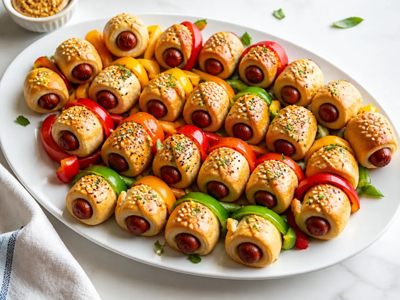 Colorful rainbow bell pepper pigs in a blanket party platter