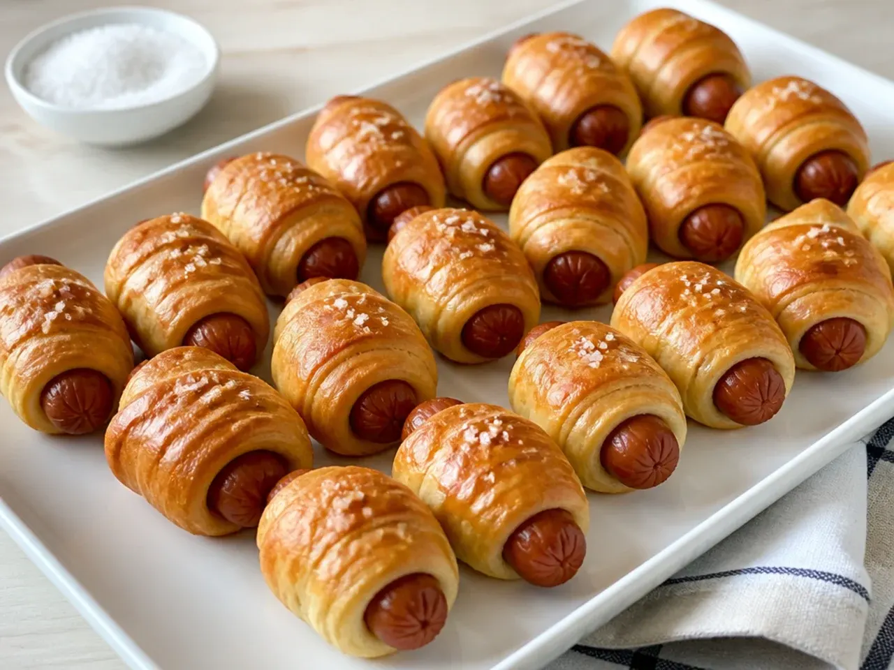 Minimal sea salt pigs in a blanket party bites in neat rows