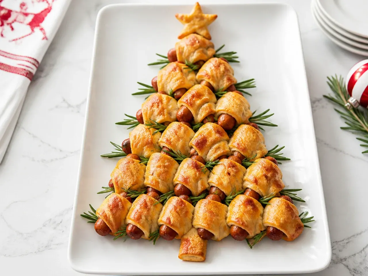 Festive Christmas tree shaped pigs in a blanket party platter with rosemary
