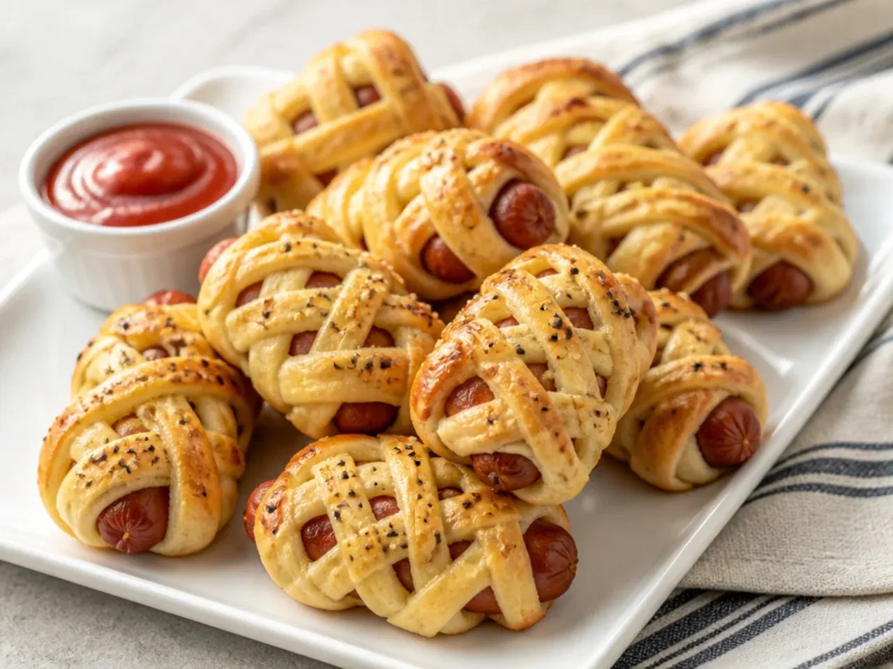 Whimsical lattice braided pigs in a blanket party appetizers