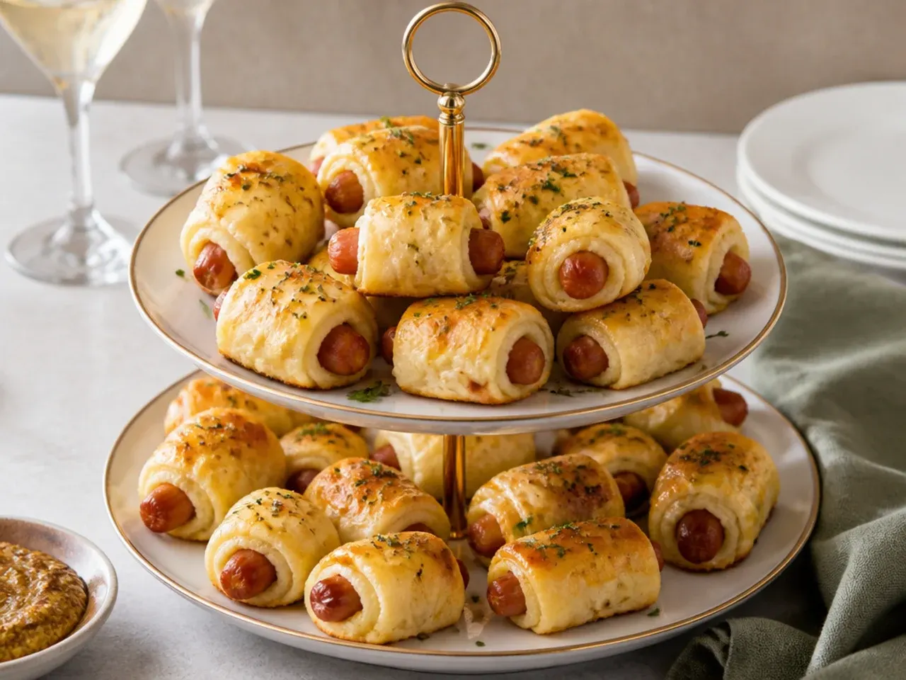 Delicate herb butter pigs in a blanket party appetizers on a tiered stand