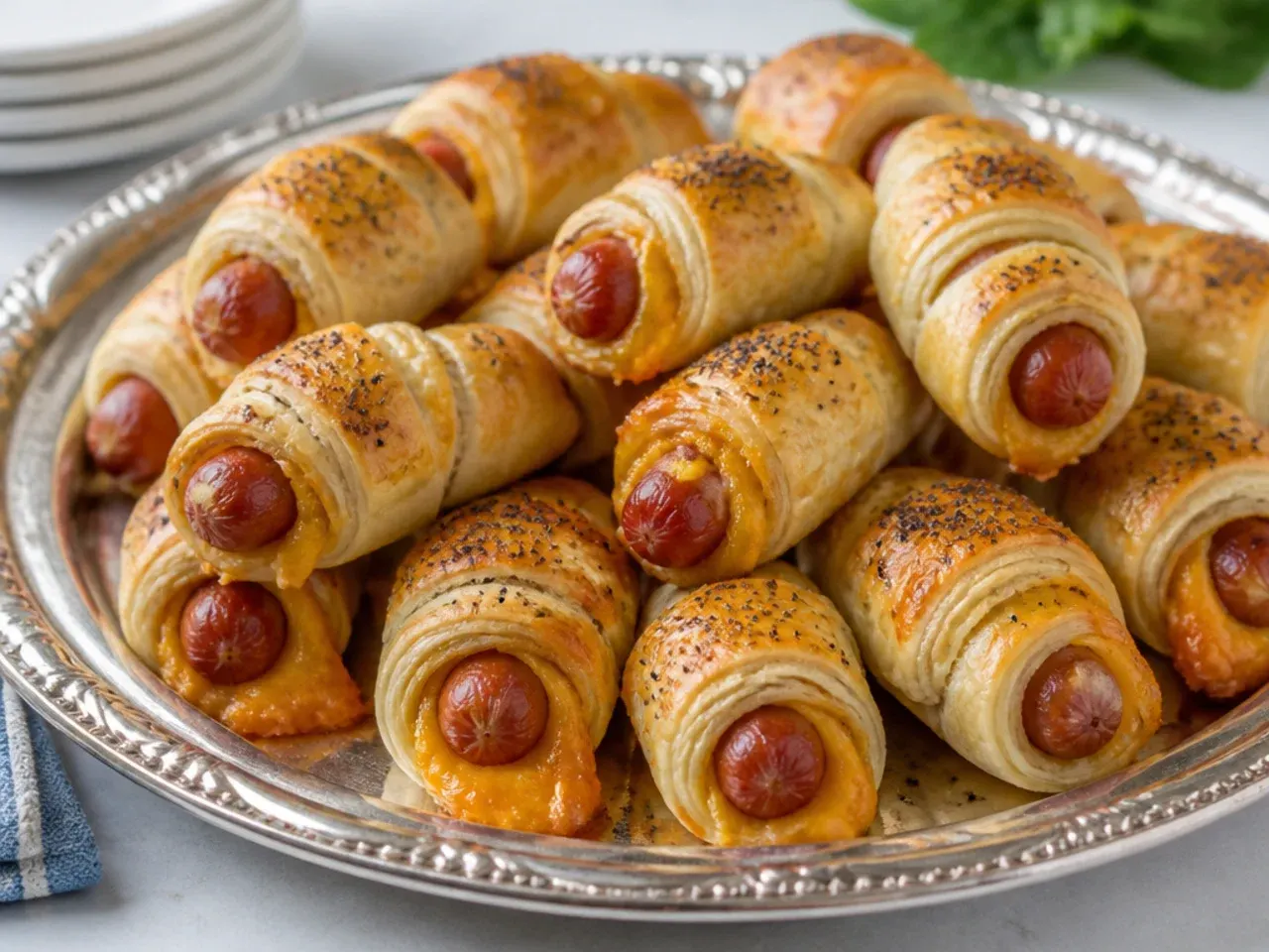 Vintage cheddar-stuffed pigs in a blanket party bites on a silver tray