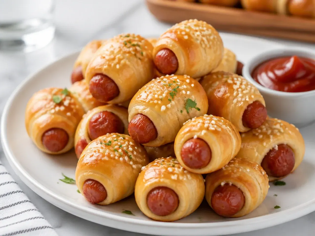 Charming sesame-topped mini slider pigs in a blanket party bites