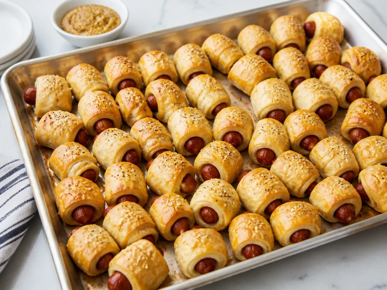 Classic sheet pan of party pigs in a blanket ready for a crowd