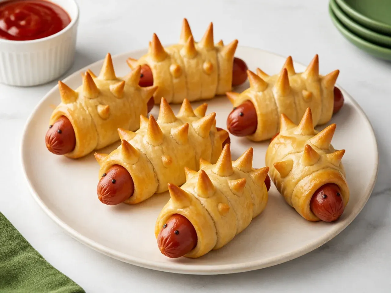 Playful dinosaur spike pigs in a blanket party snacks for kids