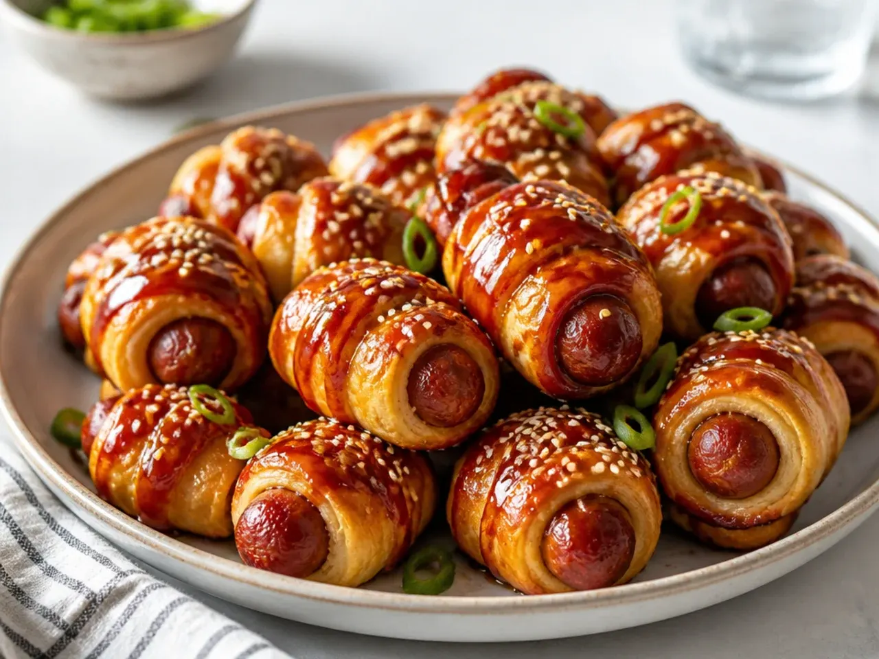 Modern gochujang glazed pigs in a blanket party bites with sesame