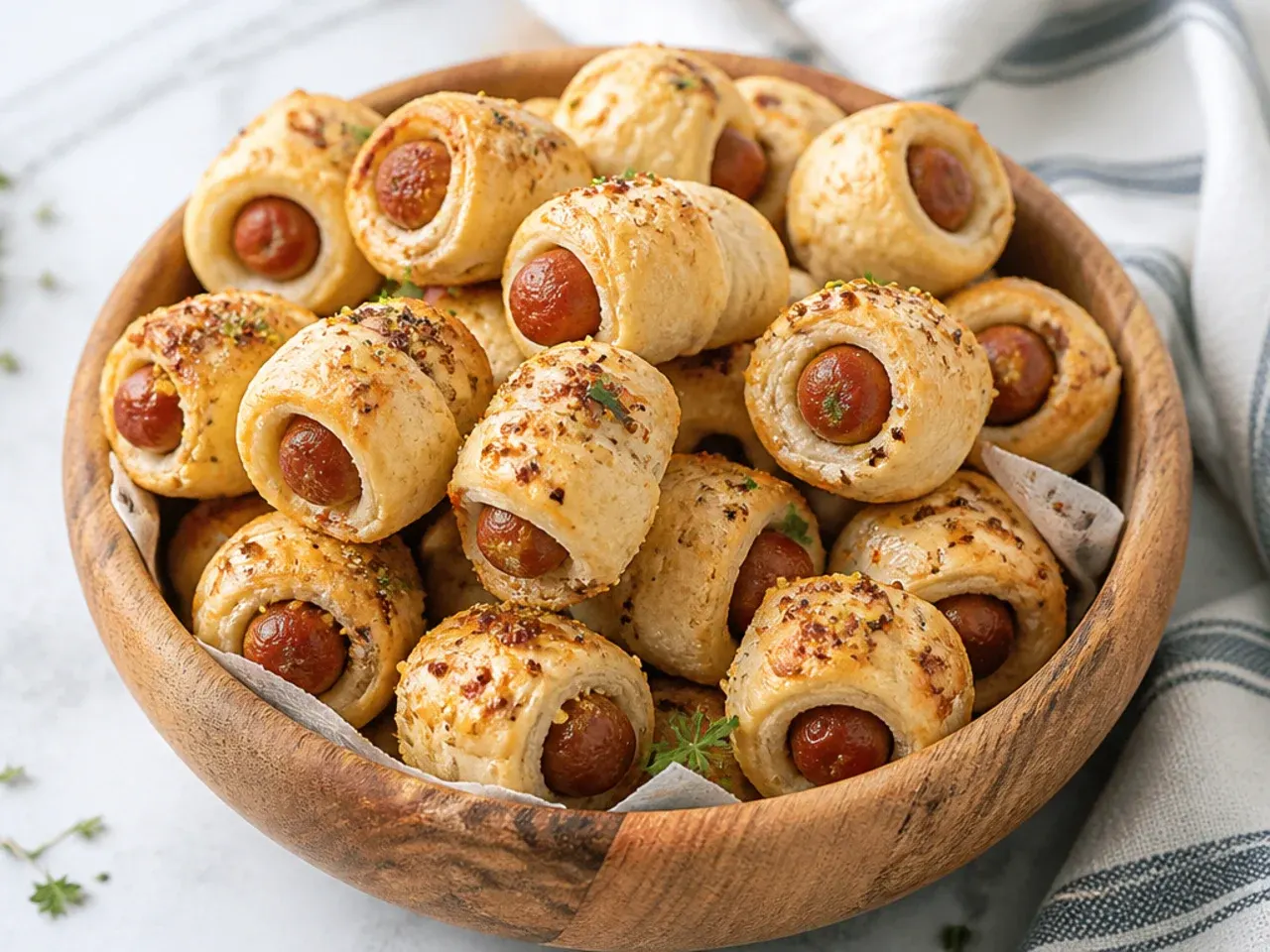 Rustic whole grain mustard pigs in a blanket party bites in a wooden bowl