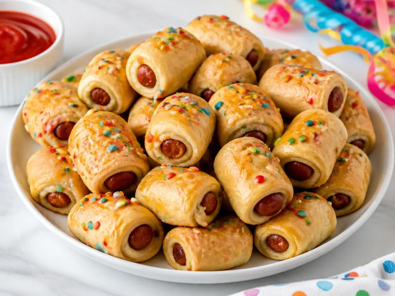 Colorful confetti pigs in a blanket party appetizers for a birthday