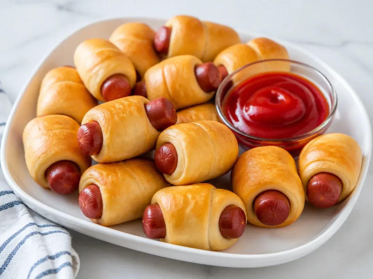 Minimal plain pigs in a blanket party bites with a single dip