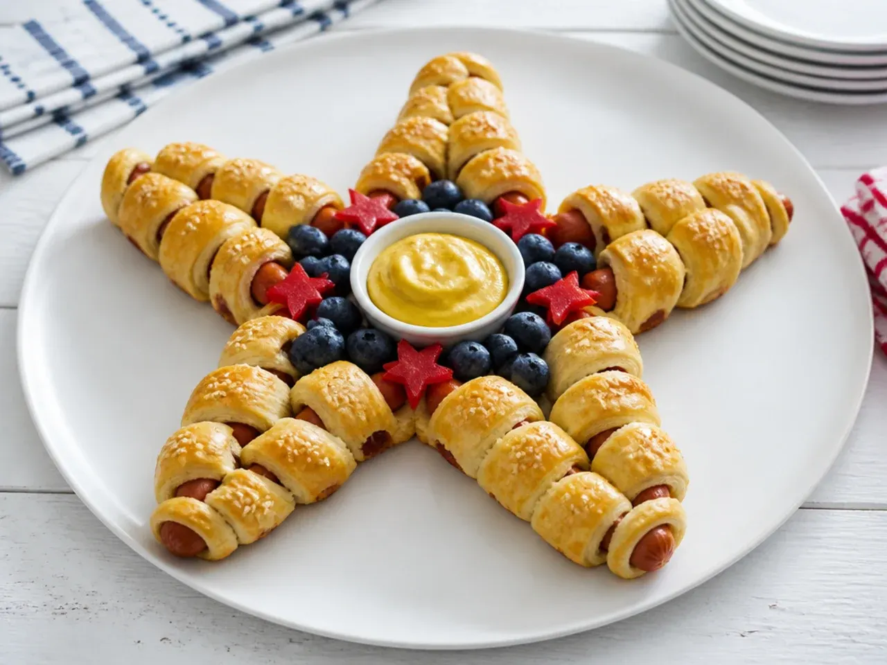 Festive Fourth of July star arrangement of pigs in a blanket party food