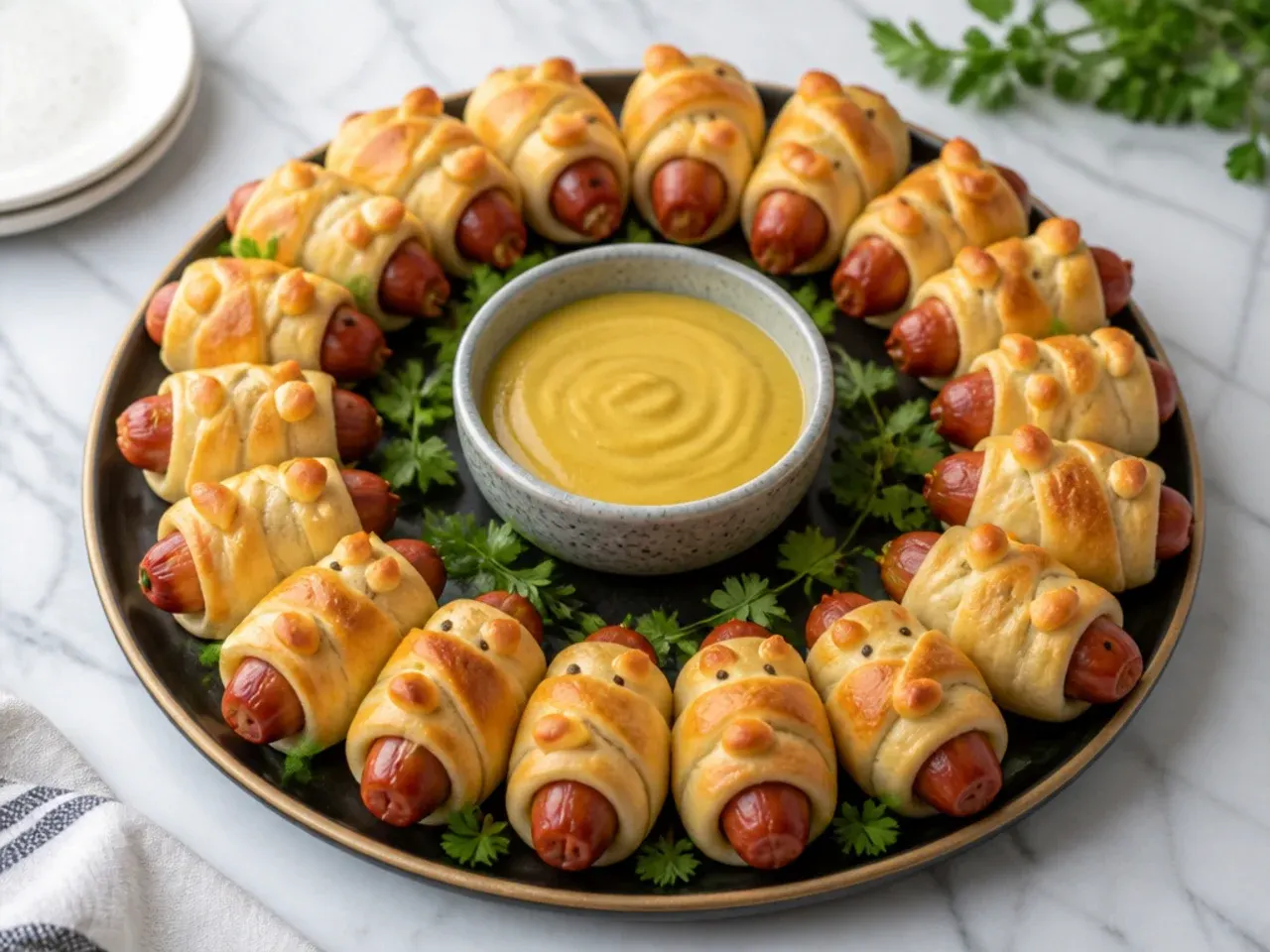 Whimsical pigs in a blanket party wreath with a dip in the center