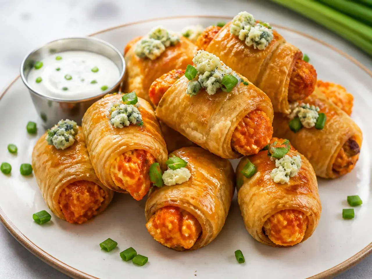 Bold buffalo chicken pigs in a blanket party bites with blue cheese