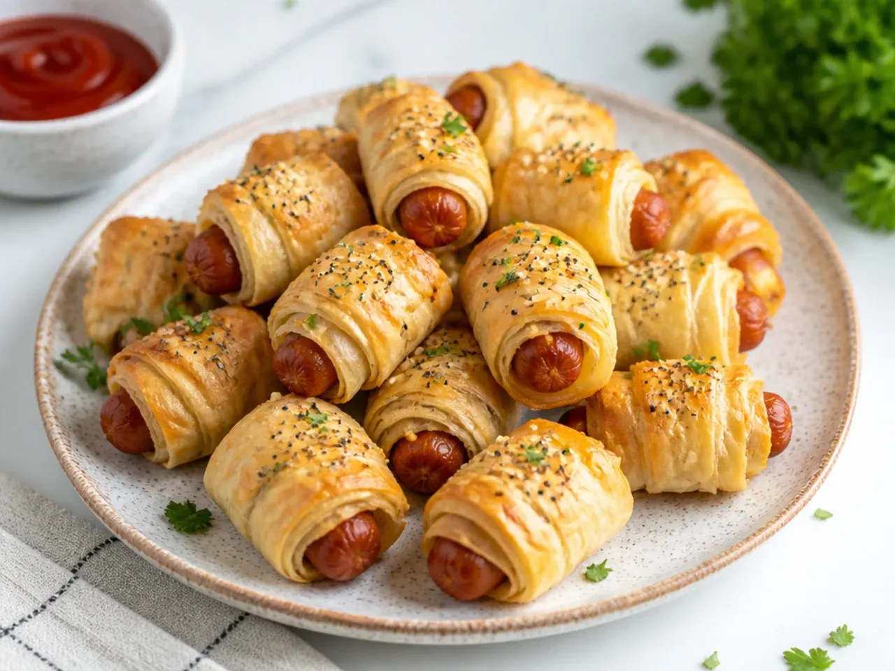 Delicate phyllo-wrapped pigs in a blanket party appetizers