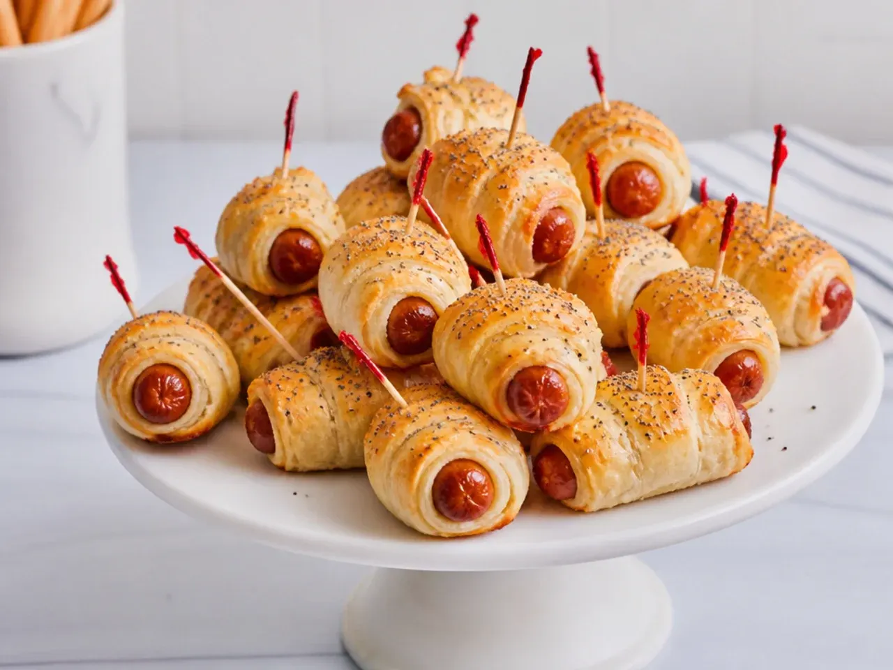 Vintage cocktail toothpick pigs in a blanket party bites on a cake stand