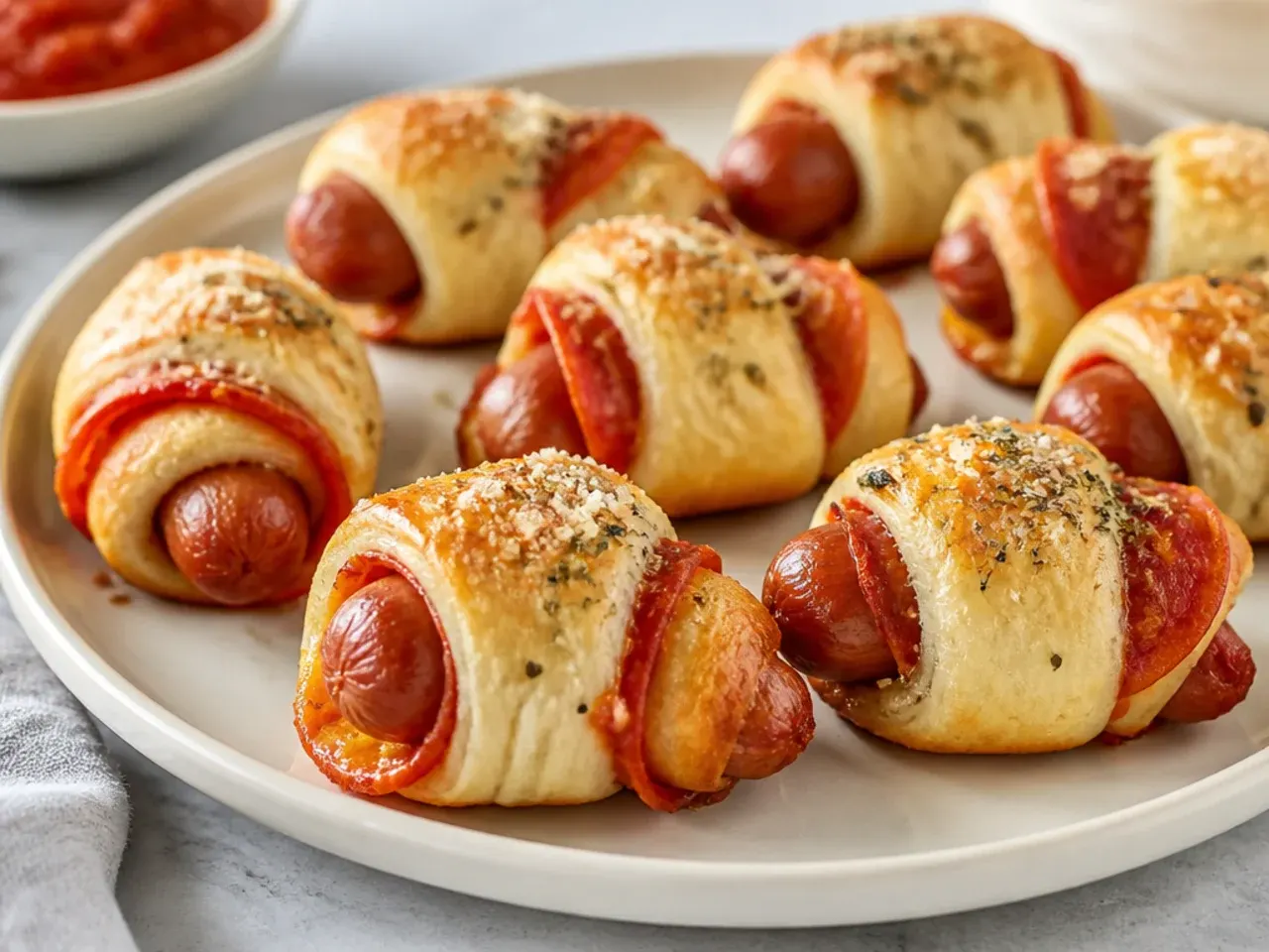 Creative pizza-style pigs in a blanket party bites with pepperoni