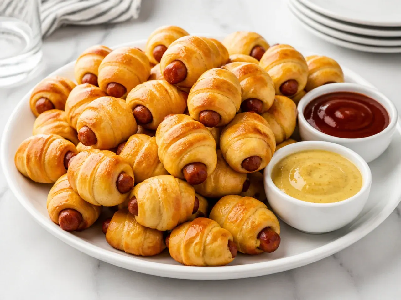 Pigs in a blanket party platter with honey mustard and BBQ dipping sauces