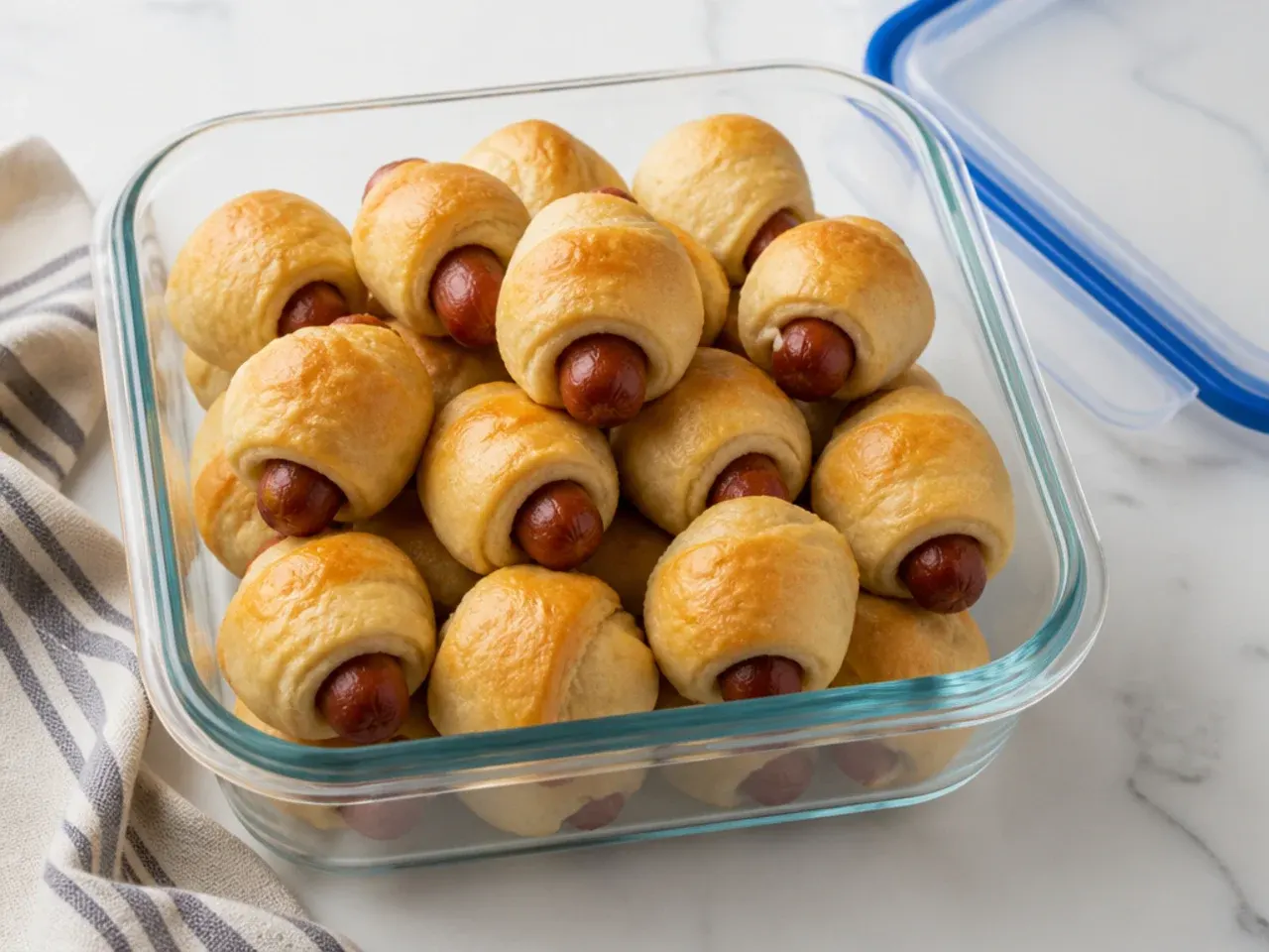 Storing and reheating leftover pigs in a blanket party appetizers