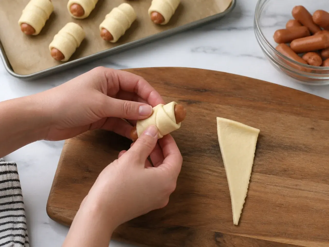 pigs in a blanket sauce — step 4: wrap each smokie
