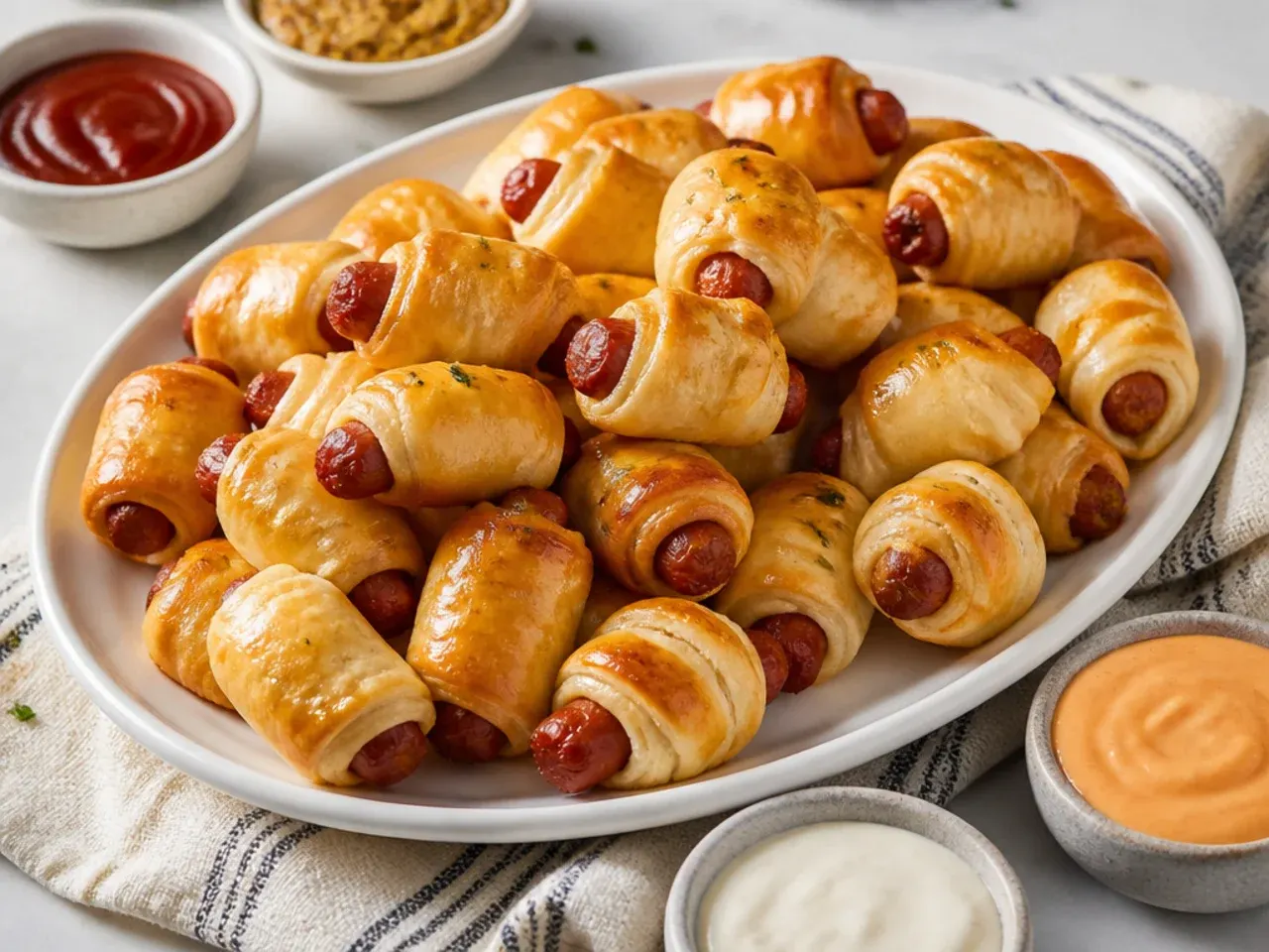 Platter of golden pigs in a blanket surrounded by small bowls of dipping sauce