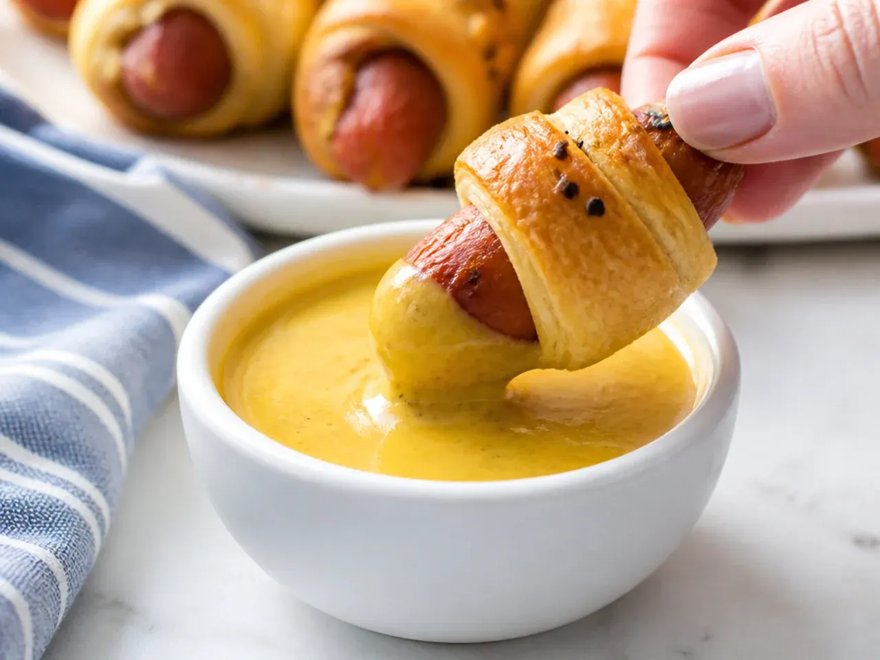 Classic honey-Dijon pigs in a blanket dipping sauce in a white bowl with a smokie being dipped
