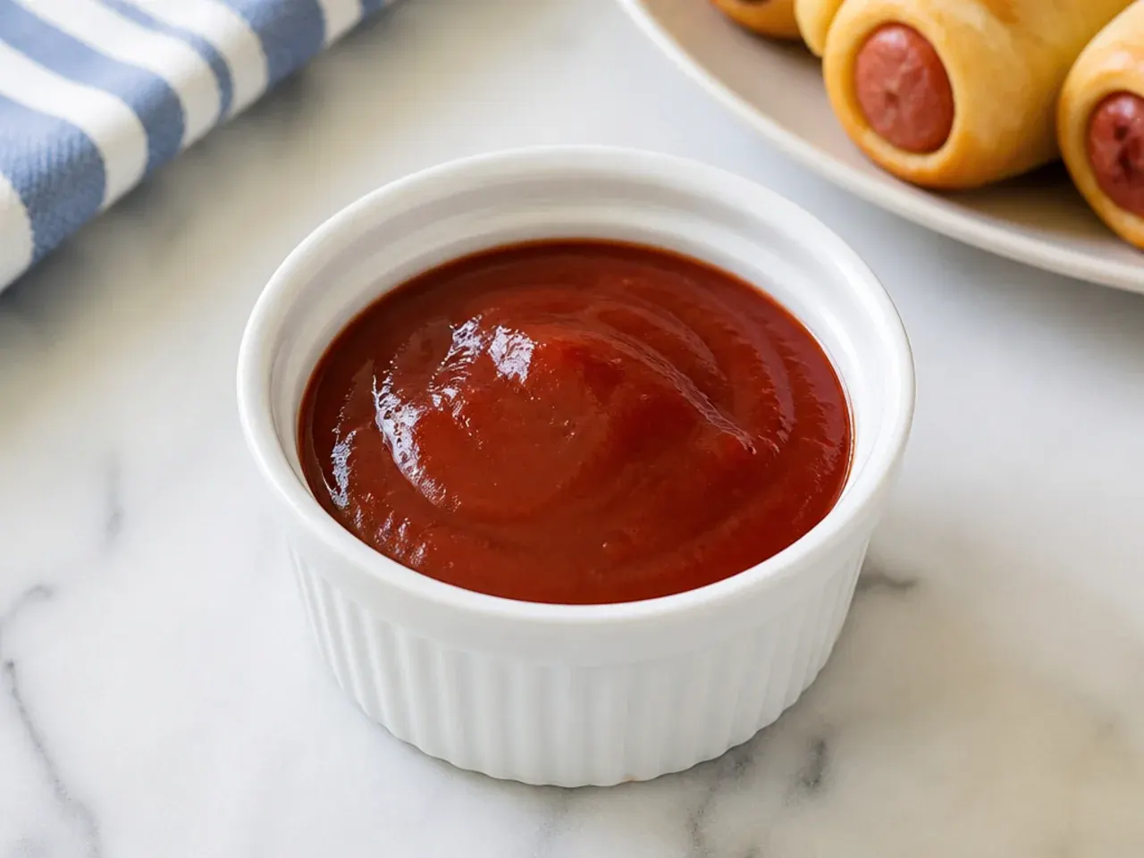Easy ketchup and brown sugar dipping sauce for pigs in a blanket in a small ramekin