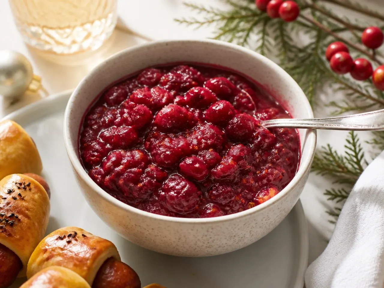 Elegant cranberry-Dijon sauce for pigs in a blanket in a bowl on a holiday table