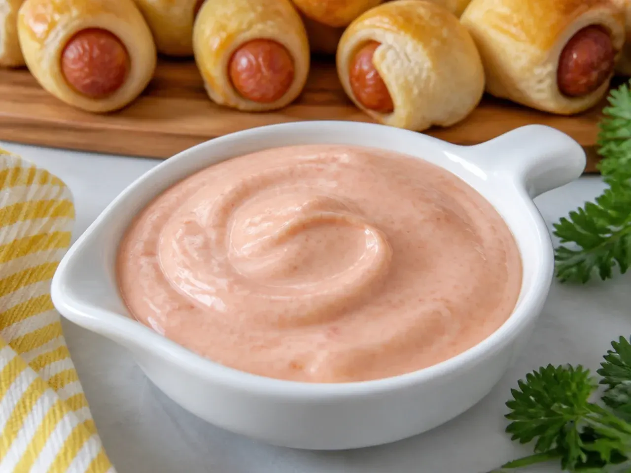 Playful pink cheeseburger fry sauce for pigs in a blanket dip in a small dish