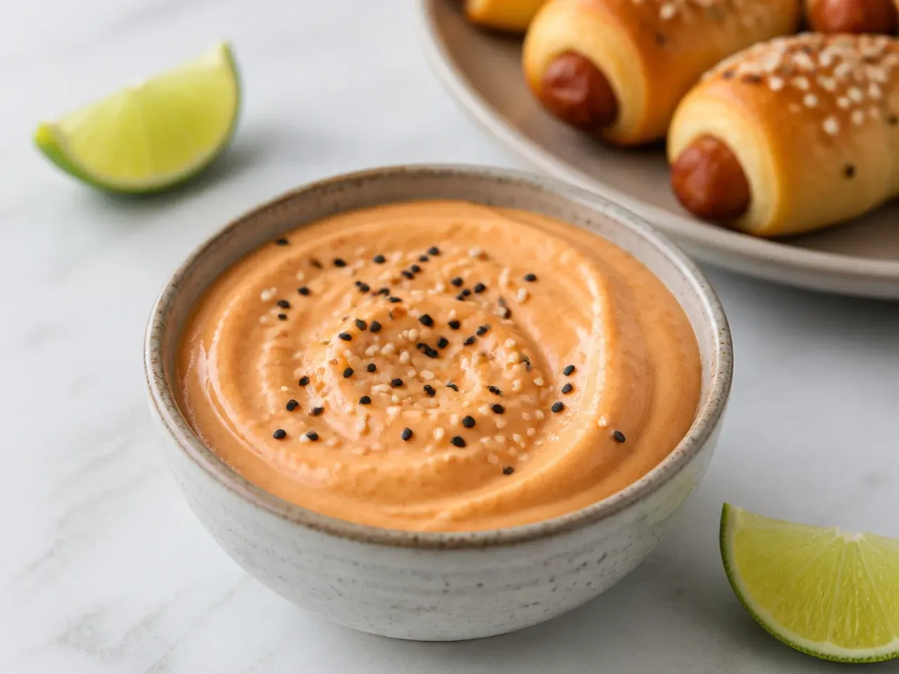 Modern sriracha-lime mayo dipping sauce for pigs in a blanket topped with sesame seeds