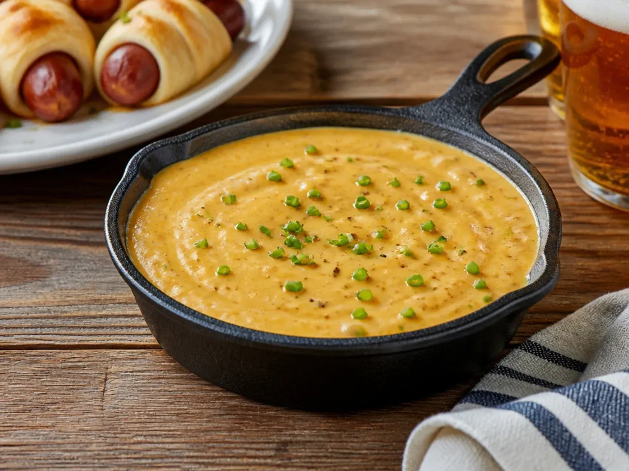 Rustic warm beer cheese dip for pigs in a blanket in a cast iron dish