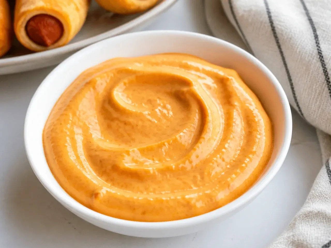 Colorful roasted red pepper aioli dipping sauce for pigs in a blanket in a bowl