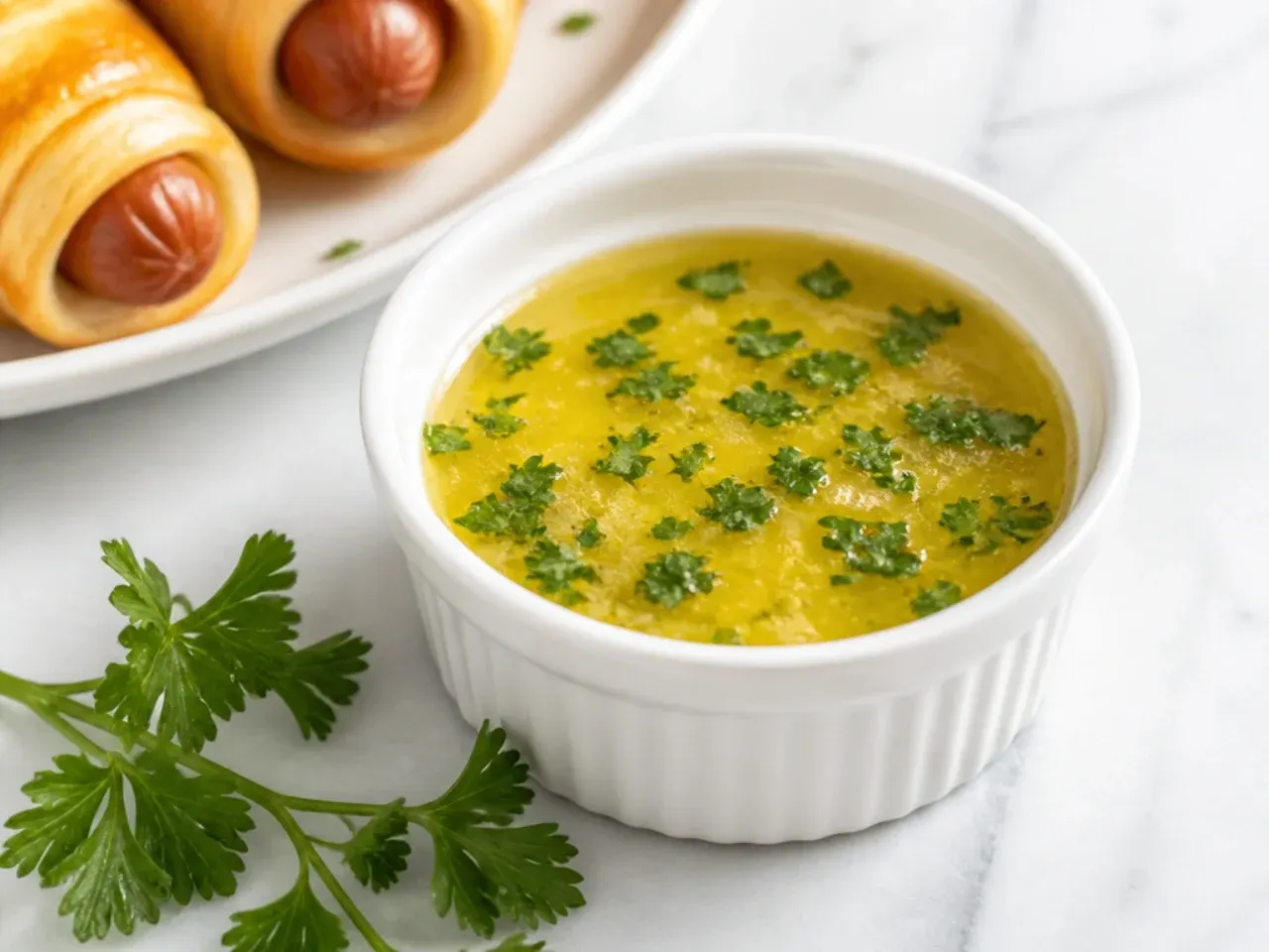 Minimal garlic butter dip for pigs in a blanket in a ramekin with fresh parsley