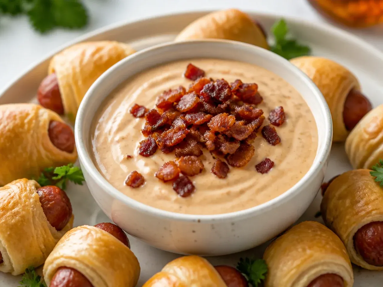 Festive maple-bacon aioli dipping sauce for pigs in a blanket topped with bacon crumbles