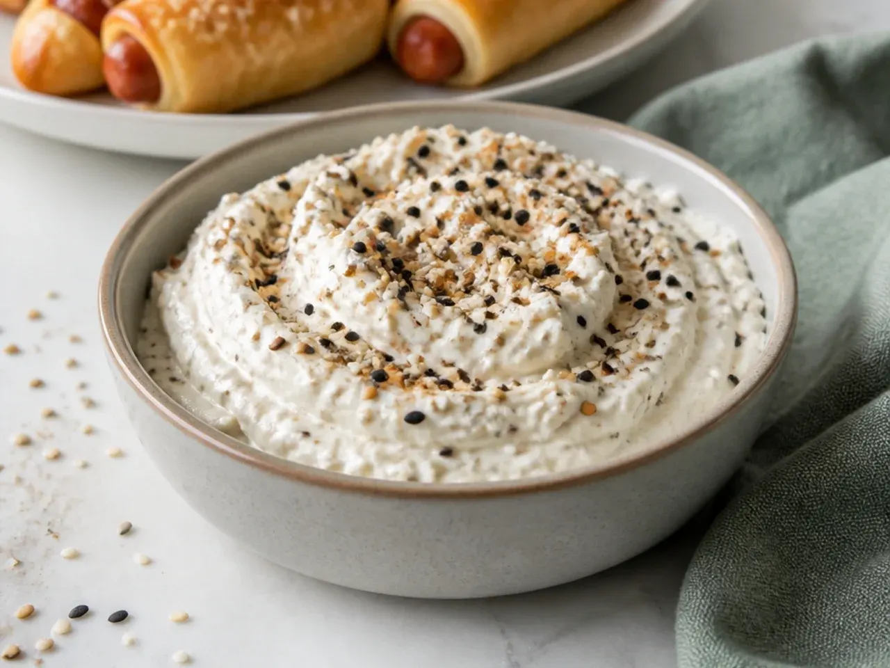 Whimsical everything-bagel Greek yogurt dip for pigs in a blanket sprinkled with seasoning