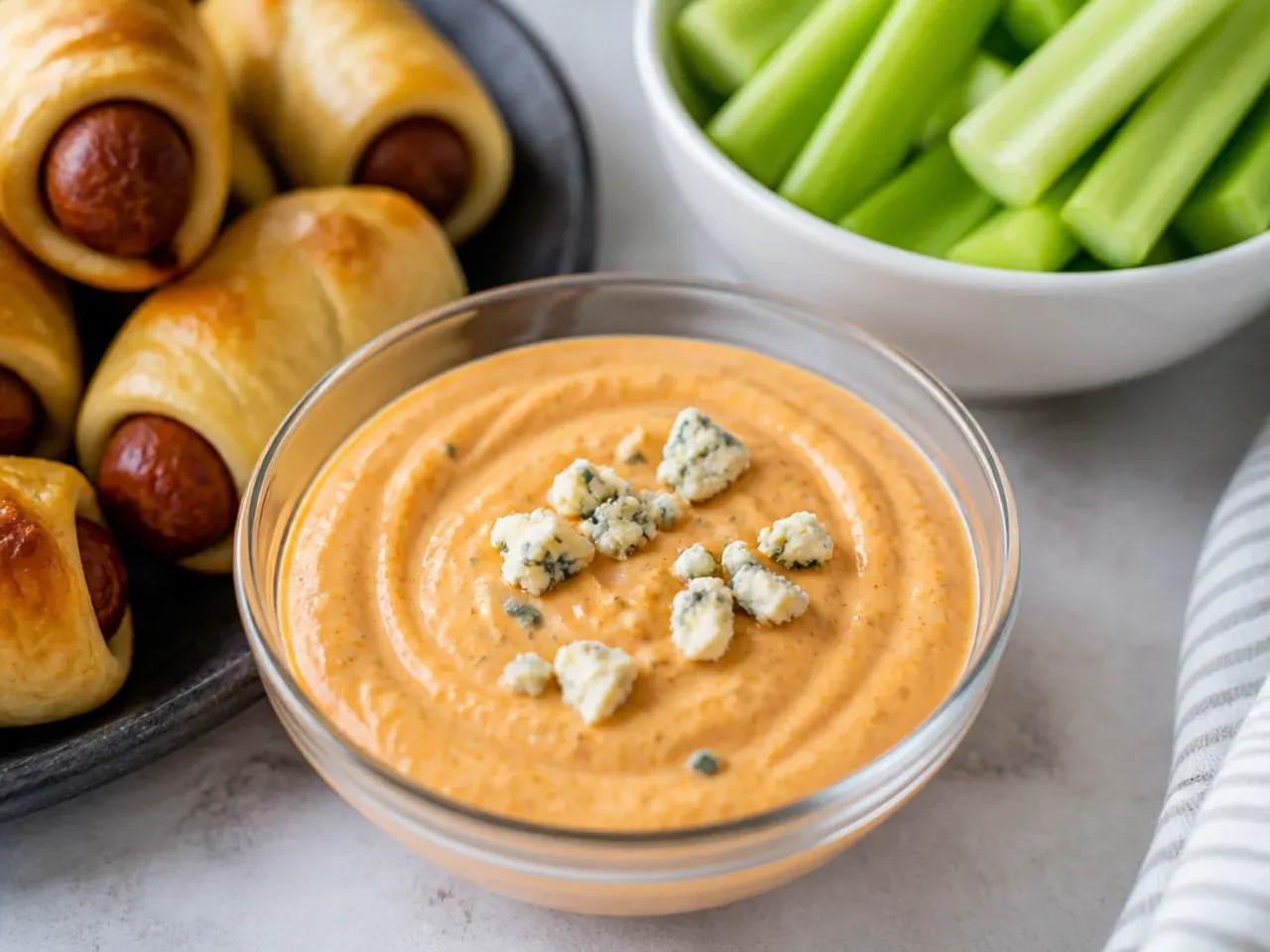 Bold Buffalo blue cheese dipping sauce for pigs in a blanket with celery sticks