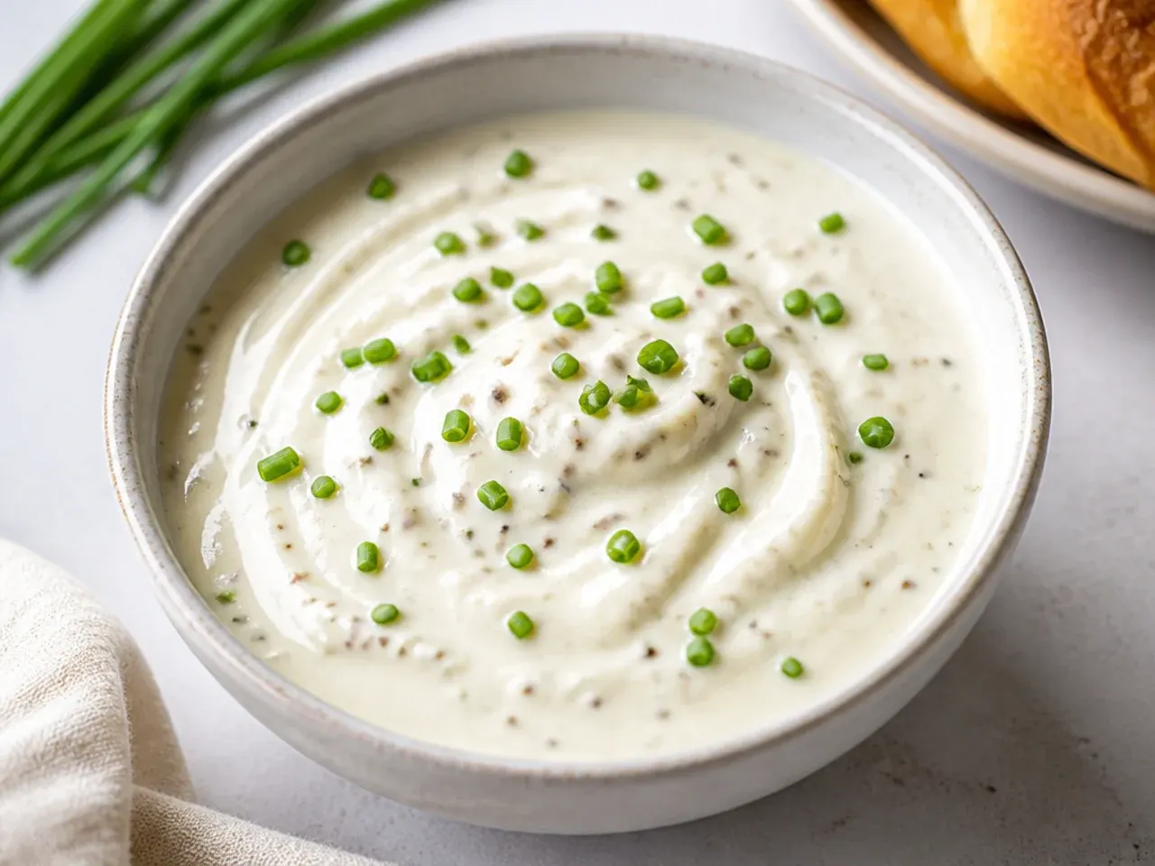 Delicate Dijon-chive crème fraîche dipping sauce for pigs in a blanket in a chilled bowl