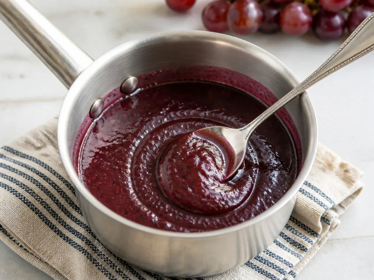 Vintage sweet-and-sour grape jelly glaze sauce for pigs in a blanket in a saucepan
