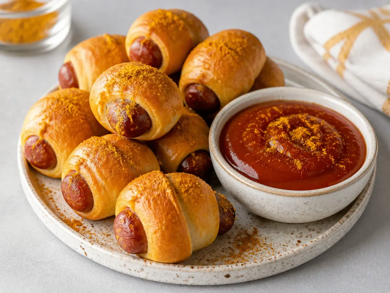 Creative currywurst-style curry ketchup dipping sauce for pigs in a blanket dusted with curry powder
