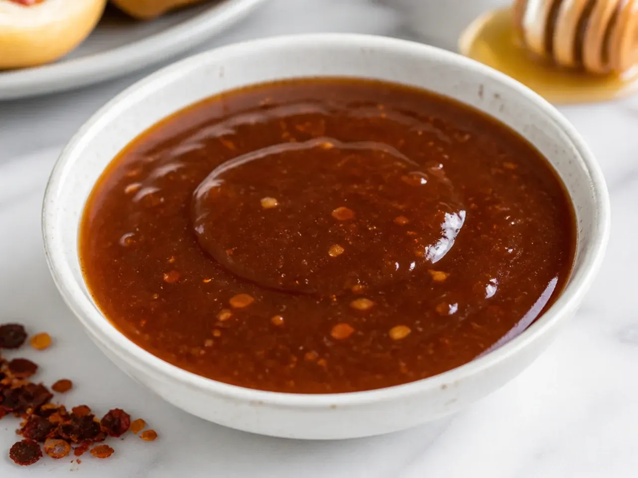 Charming honey-chipotle barbecue dipping sauce for pigs in a blanket in a bowl