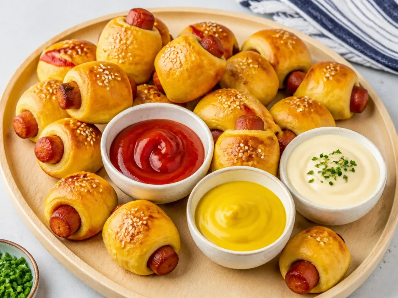 Pro tips spread of several pigs in a blanket dipping sauces garnished in small bowls