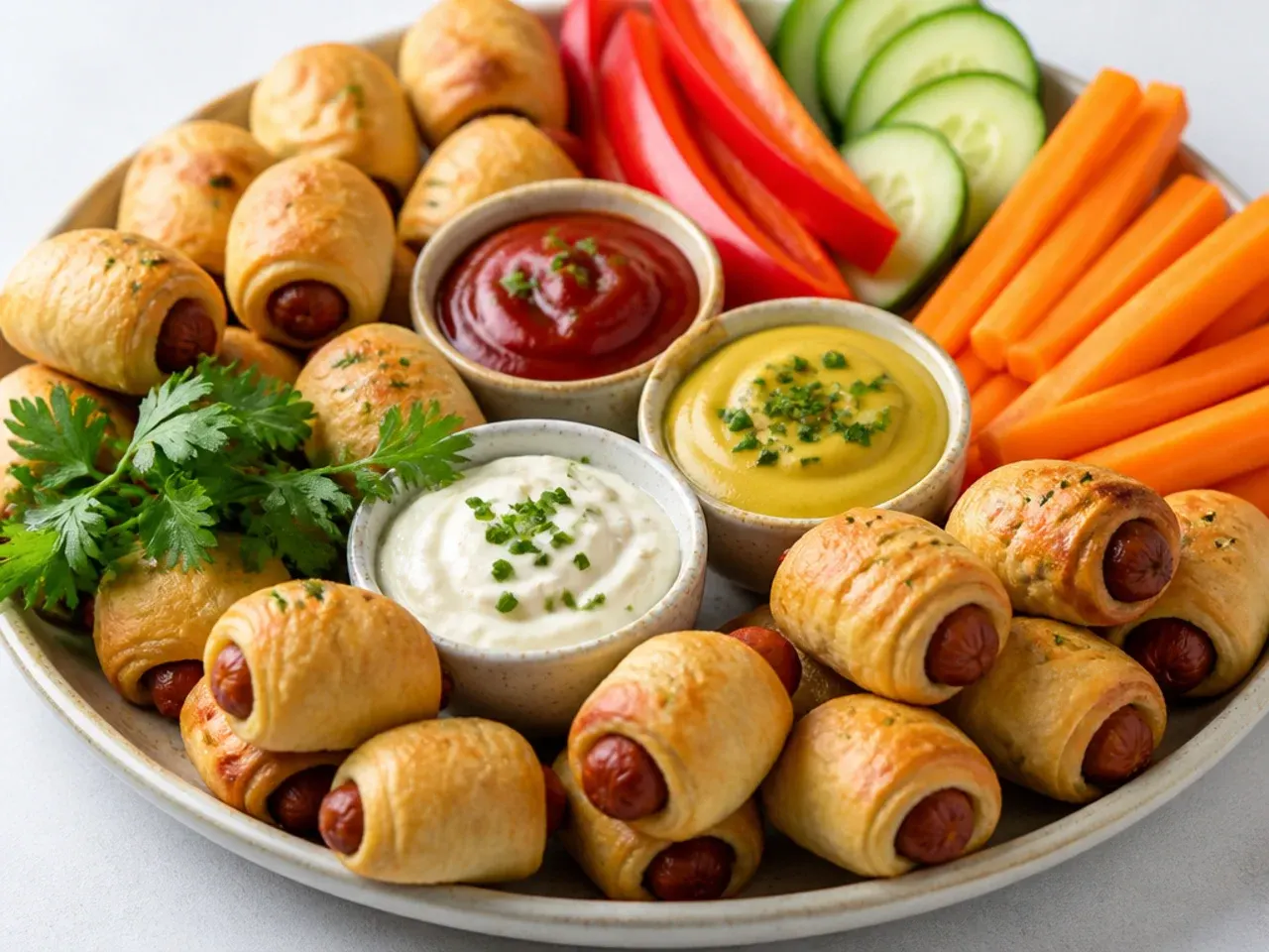 Party platter of pigs in a blanket with dipping sauces and fresh vegetables for serving