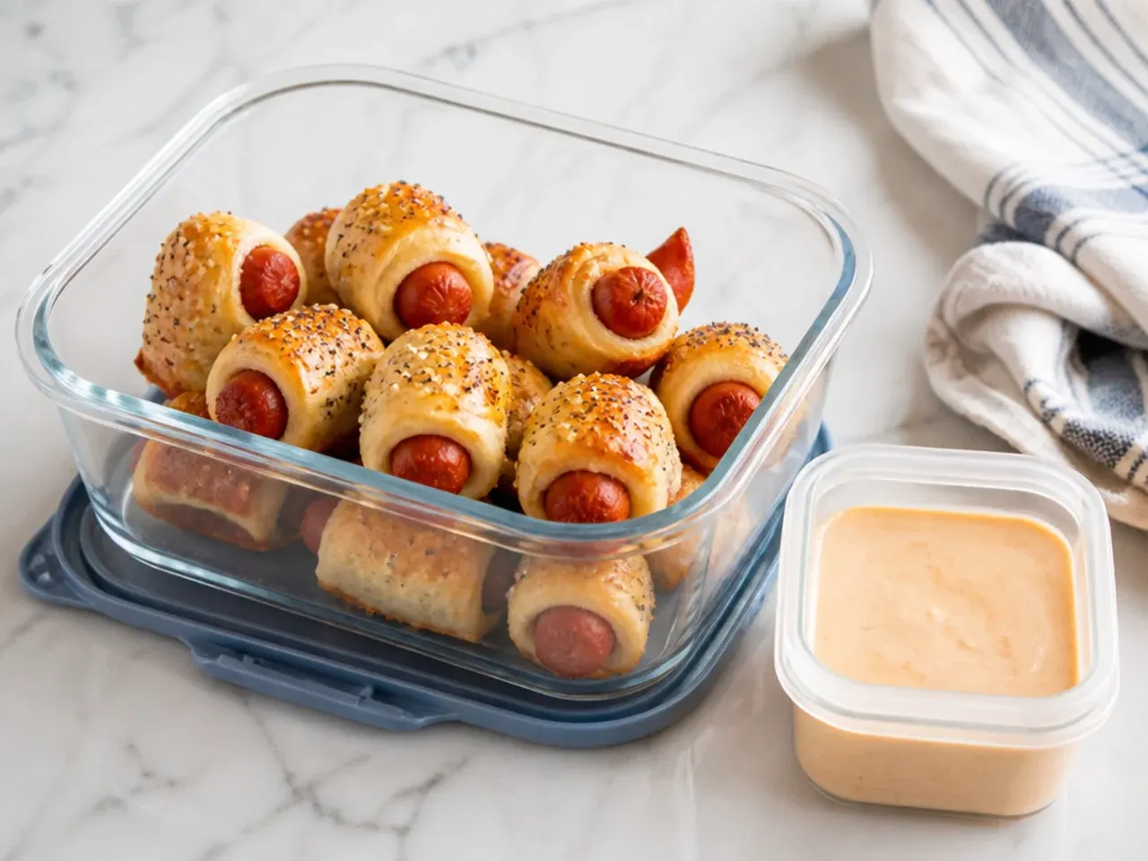 Leftover pigs in a blanket and dipping sauce stored in airtight containers for reheating
