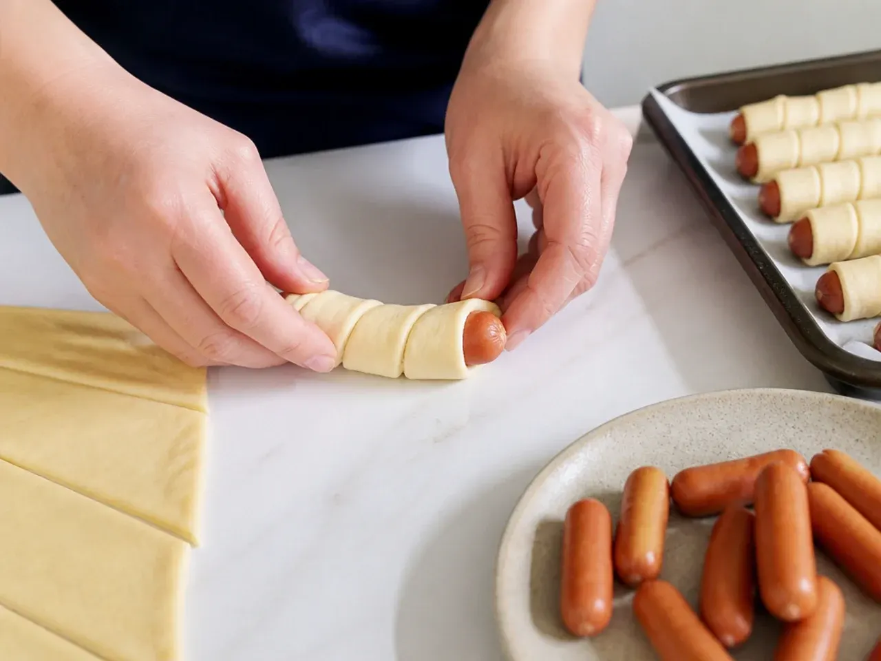 pigs in a blanket vs sausage rolls — step 3: wrap the sausages