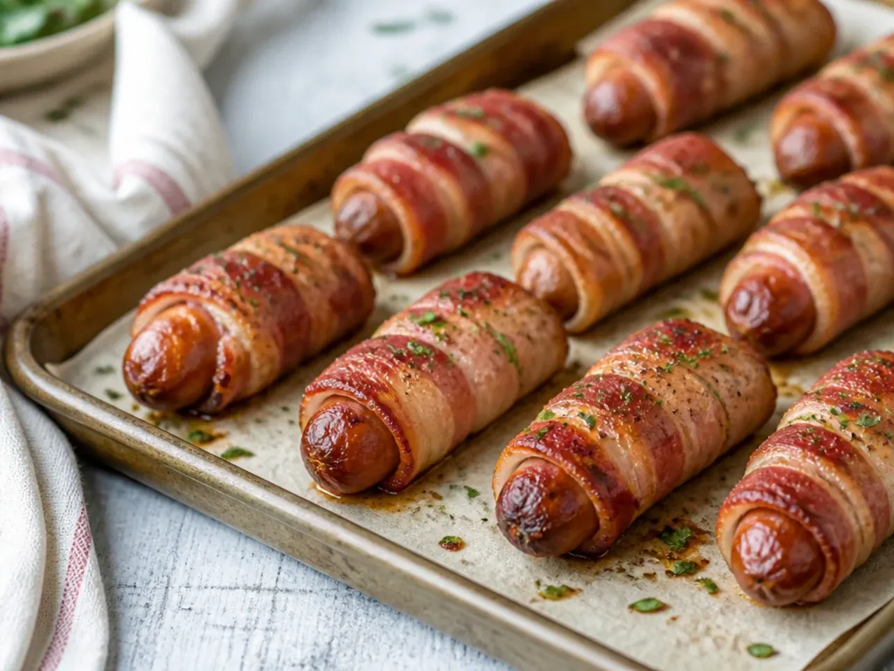 Bacon-wrapped pigs in a blanket on a baking tray, the pigs in a blanket side of the comparison